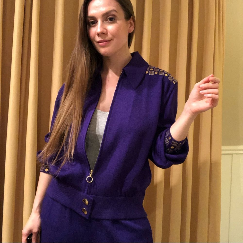 VINTAGE 80s St. John purple knit set stud bomber jacket Sz M pleated pant Sz 12